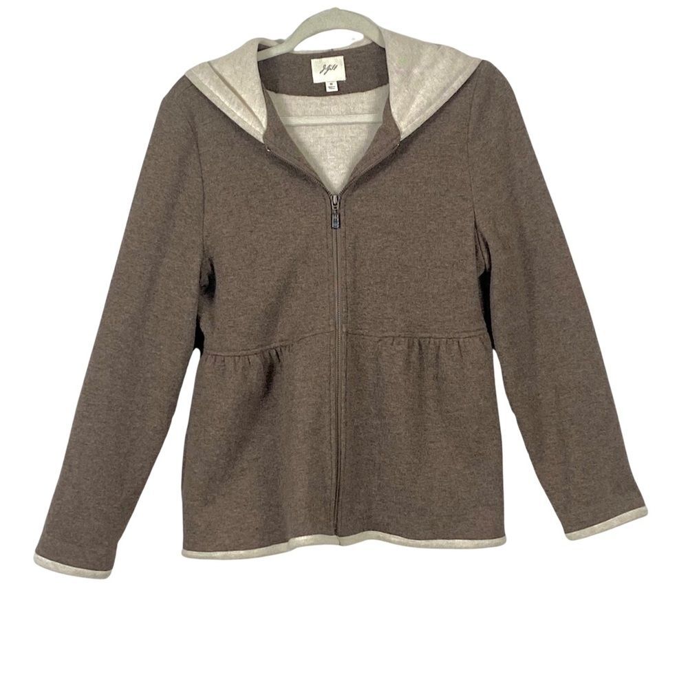J. Jill Cotton Wool Zip Up Brown Sweater Jacket with Hood and Pockets Size M